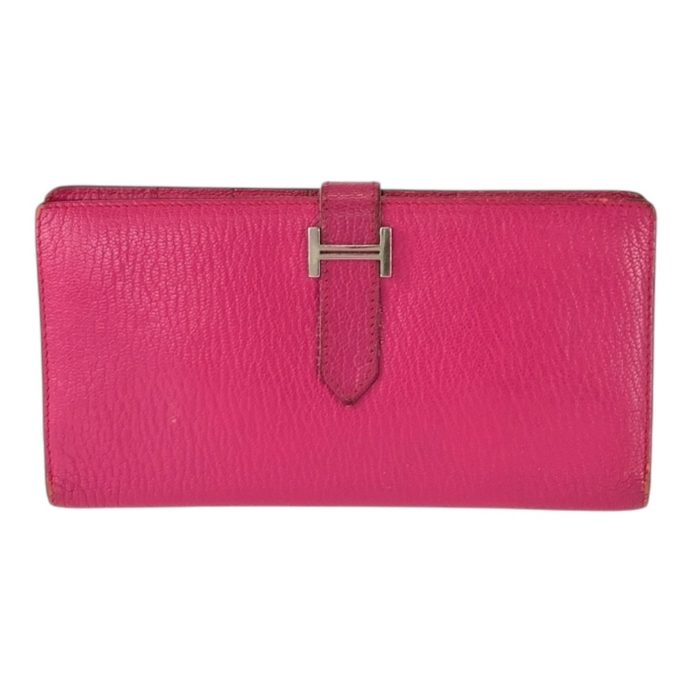 HERMES Bearn Classic Rose Tyrien Pink Chevre Leather Long Wallet (□K stamp) -...